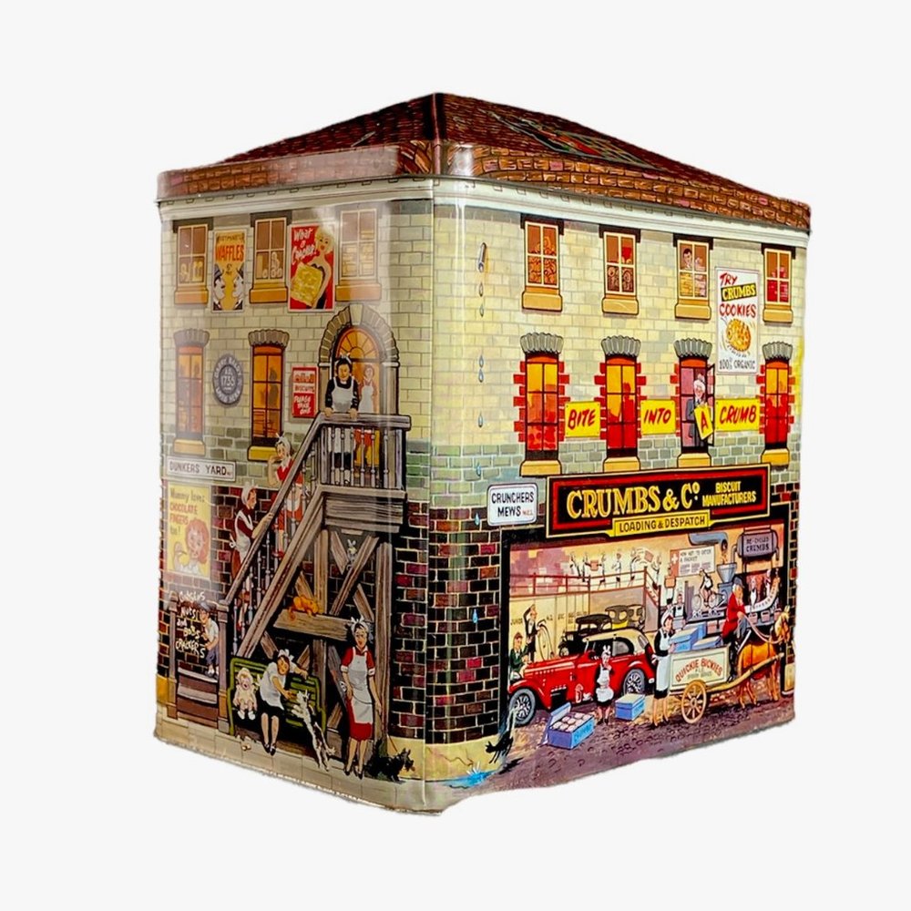 EUC VTG 1991 Silver Crane Co. Cookie Tin "CRUMBS & CO BISCUITS MFGs" Collectible